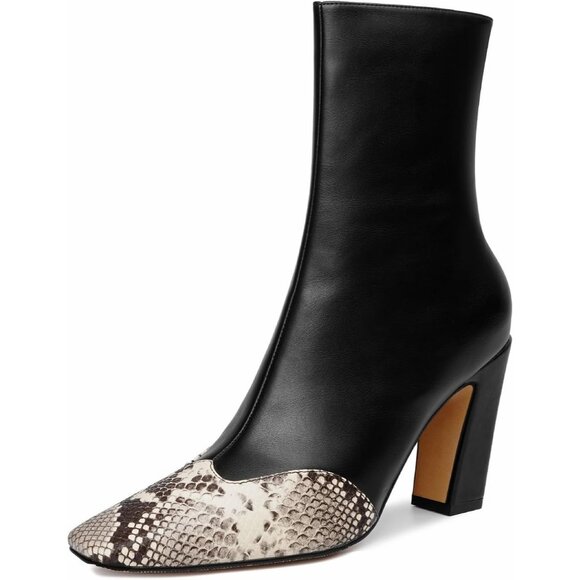 Shoes - Women's Black Ankle Boots Square Toe High Block Chunky Heel Snakeskin Booties